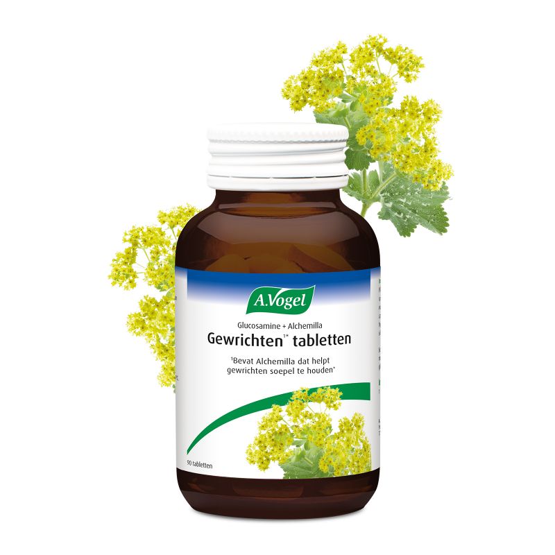 Uit verpakking Glucosamine + Alchemilla tabletten voorkant